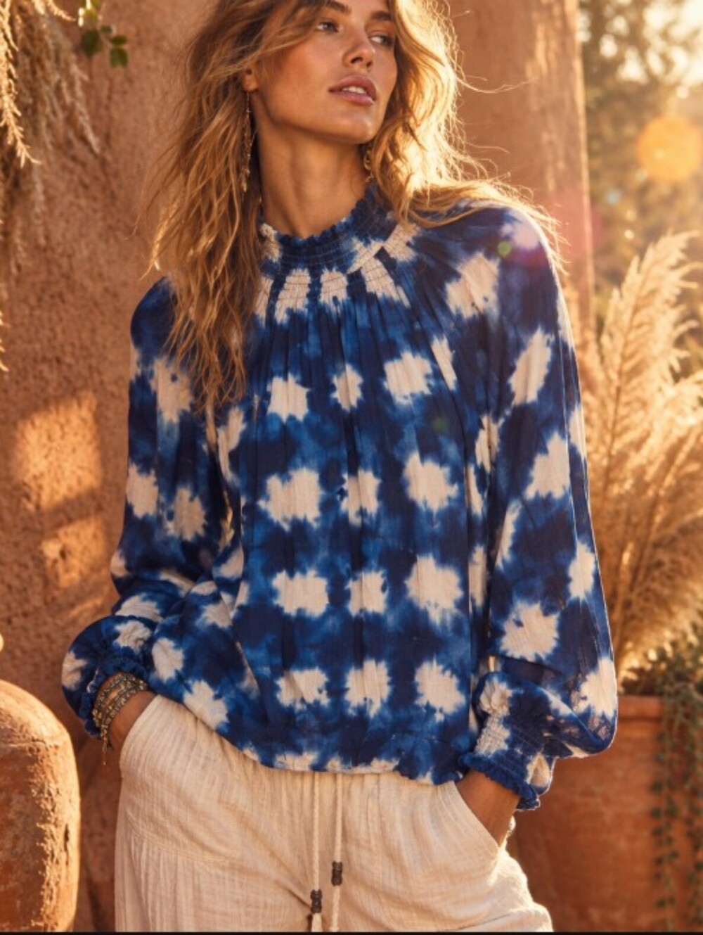 Anthropologie Blue and White Tie-Dye Smocked Long Sleeve Top